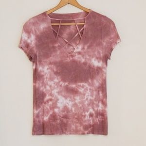 American Eagle Pink & White Tie-Dye Caged Neck Tee